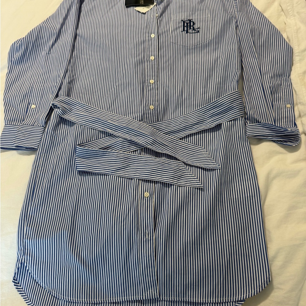 Ralph Lauren Women's Blue and White Striped Button-Down Shirt